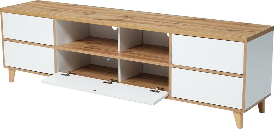 Merax TV Meubel 175 cm – Wit met Hout Bruin – Landelijk Design – 6 Deuren en Open Vakken - Foto 3