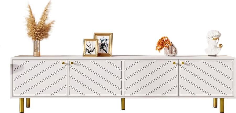 Merax TV-meubel in Wit met Gouden Metalen Handgrepen en Voeten 170 cm – Vier Deuren en Grote Opbergruimte