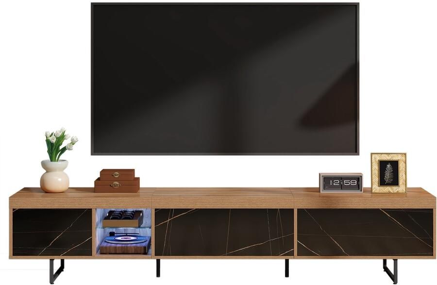 Merax TV-meubel lowboard met marmeren oppervlak met glas en van kleur veranderende LED-verlichting houtkleur
