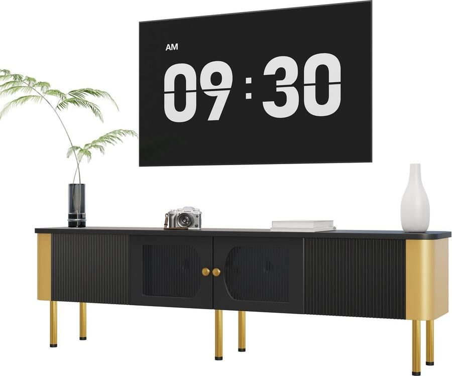 Merax TV-meubel met Glazen Deuren en 2 Lades Kast met Gouden Accenten en Gebogen Design Zwart met Goud