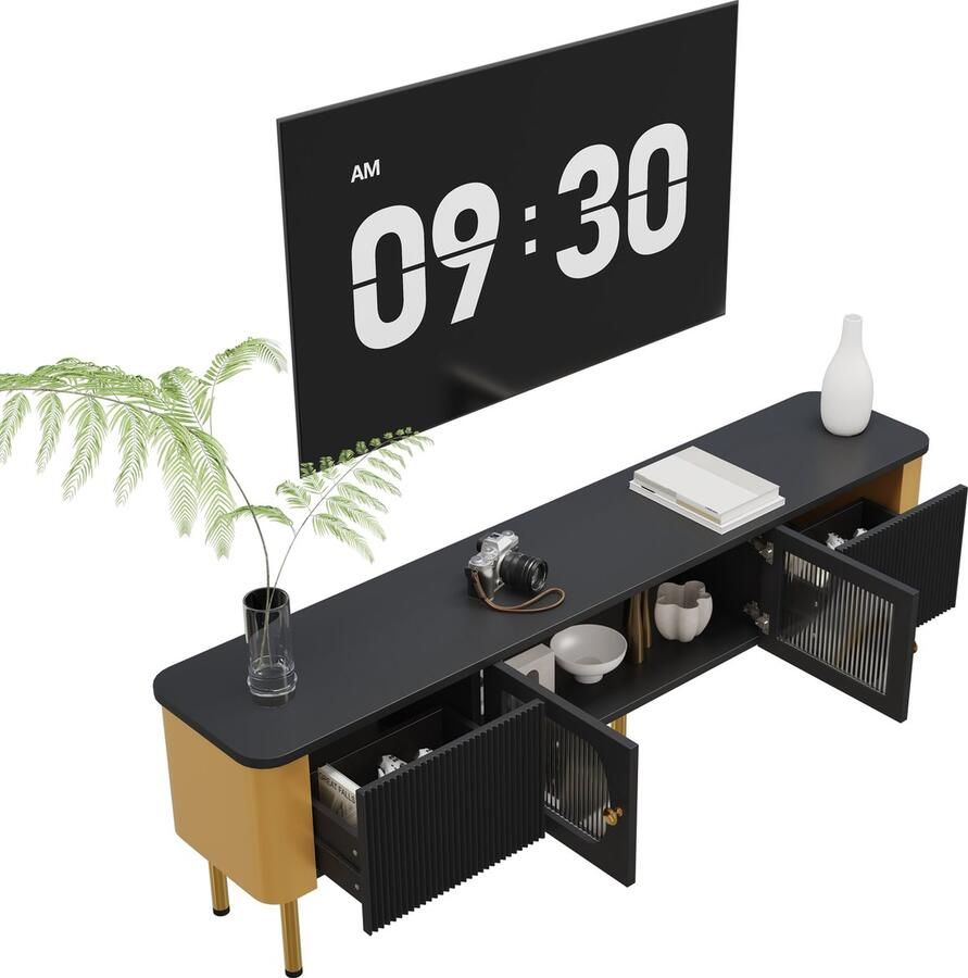 Merax TV-meubel met Glazen Deuren en 2 Lades Kast met Gouden Accenten en Gebogen Design Zwart met Goud - Foto 2