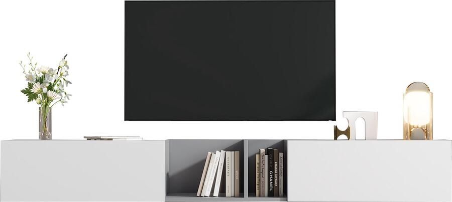 Merax TV-meubel met Hoogglans Afwerking en LED-verlichting 170 cm Zwart Lowboard met Glazen Planken en Slimme Opbergruimte