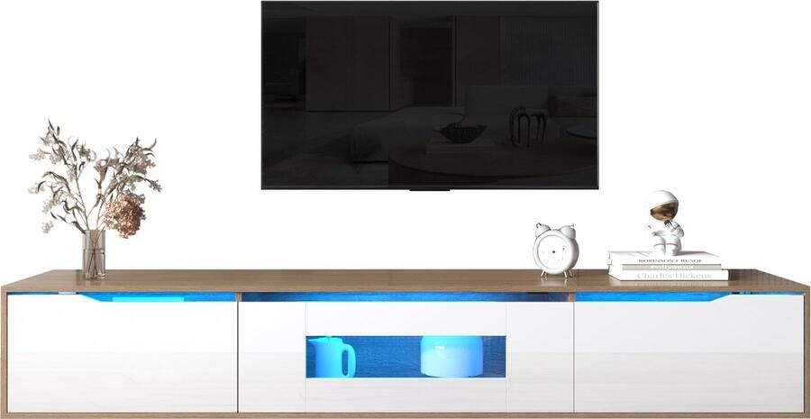 Merax TV-meubel met Hoogglans Afwerking en LED Verlichting – 180 cm – Wit met Bruin