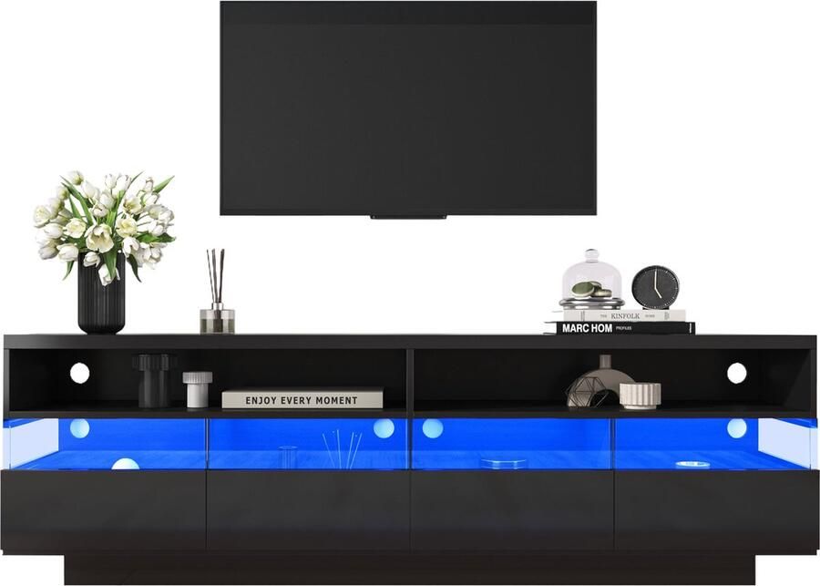 Merax TV-Meubel met Hoogglans Afwerking en LED-Verlichting Lowboard met 2 Vakken en 4 Grote Lades Geschikt voor TV s tot 65 inch