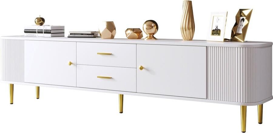 Merax TV-meubel met Lades – Wit – 170 cm – Voor 70-79 inch TV – Kast met Gouden Handgrepen en Poten – Afgeronde Hoeken