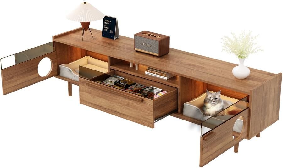 Merax Moderne Tv Meubel met LED Verlichting en Kattenrustruimte Houten Kast met Glazen Deuren Lade en Ventilatieopeningen Walnootkleur 180×40×50 Cm (Zonder Kattenkussen)