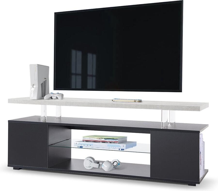 Merax TV-Meubel met LED-Verlichting Geschikt voor 65 Inch TV Gaming Entertainment Center met Grote Zijdeuren en Open Opbergruimte Woonkamer Console Tafel Zwart+Grijs