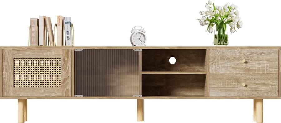 Merax TV-meubel met Rattan Deuren Open Vakken en Glasschuifdeuren – Natuurlijke Kleur – Met Schubladen