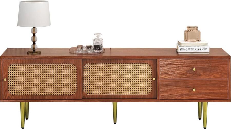 Merax Stilvoller TV-Ständer mit Rattan-Schiebetüren und praktischen Schubladen Nussbaum mit dunklem Kunststoff-Rattan 2 Schubladen 2 Rattan-Schiebetüren 4 Fächer zur Aufbewahrung 160*40*60cm