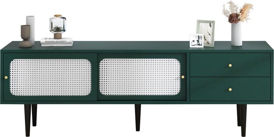 Merax TV-meubel met Rattan Schuifdeuren Groen met Wit Rattan 160 cm breed Voor TV s tot 70 inch Inclusief Schuifdeuren 2 Schubladen en Verstelbare Opbergruimte
