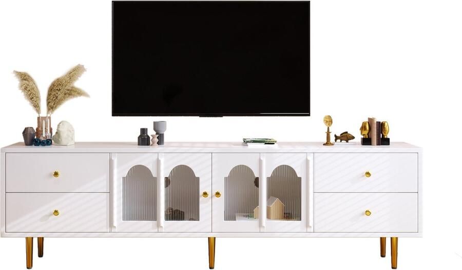 Merax TV-meubel met Schuifladen – 170 cm Breed Witte Afwerking Gewelfde Glazen Deuren en Goudkleurige Accenten - Foto 2