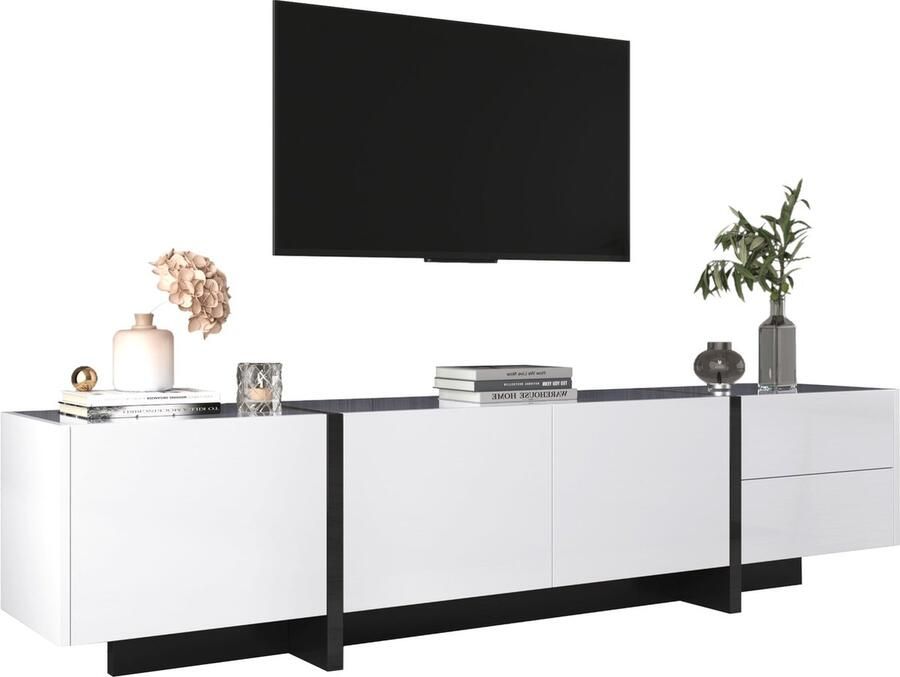 Merax TV-Meubel – Modern Lowboard in Hoogglans Wit met Zwarte Accenten en Ruimte voor Entertainment - Foto 2
