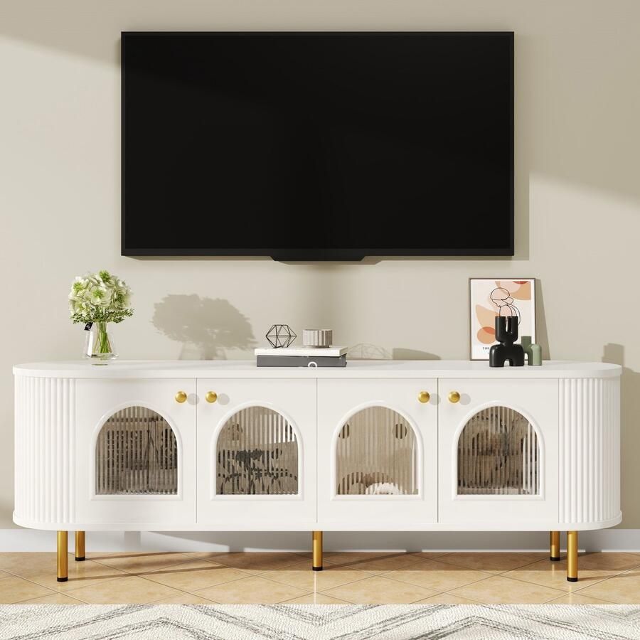 Merax Tv-meubel onderkast met glazen deuren praktisch opbergmeubel in de woonkamer gouden handgrepen en poten