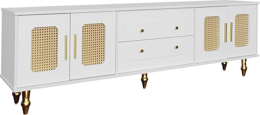 Merax TV-meubel Retro Stijl – TV-meubel met Rattandeuren Gouden Handgrepen en Metalen Poten – Geschikt voor TV s tot 75 inch - Foto 3