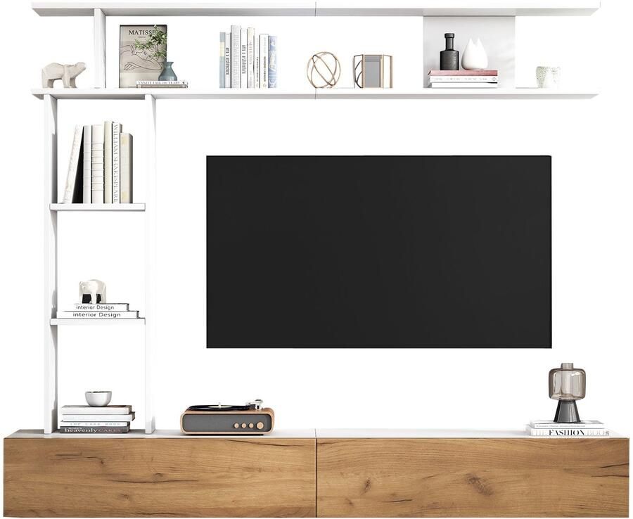 Merax TV-Meubel Set 180 cm – Moderne Woonwand in Wit en Houtkleur met TV-Kast Wandplank en Staand Rek – Hangend of Staand TV-Meubel voor TV s tot 80 inch