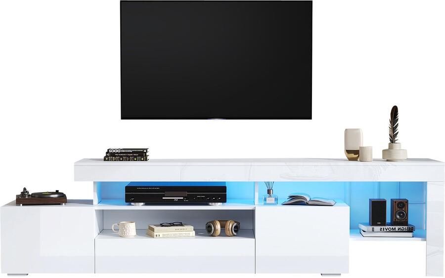 Merax TV Meubel – TV Kast 192x37x53 cm – Hoogglans Lowboard met LED Verlichting – TV Dressoir met 3 Deuren – Geschikt voor TV tot 85 Inch – Wit