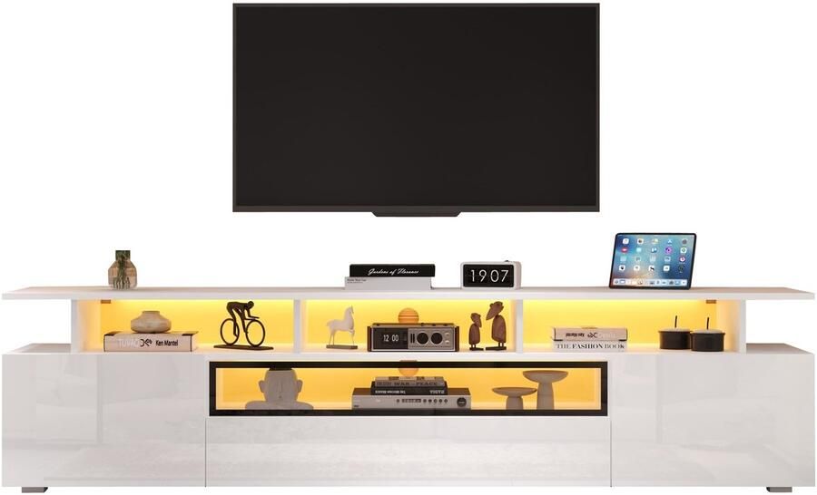 Merax TV-Meubel TV-Kast met 2 Deuren en 1 Lade Hoogglans Lowboard met LED Verlichting en 10 Opbergvakken Geschikt voor TV Tot 75 Inch 180x38x45 cm Wit