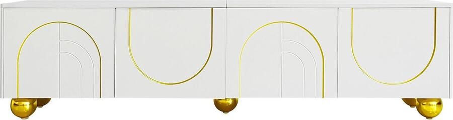 Merax TV-meubel – TV Kast met Gouden Accenten – Gestructureerde Deuren – Push-to-Open – Inclusief Planken – 170 cm – Wit met Goud