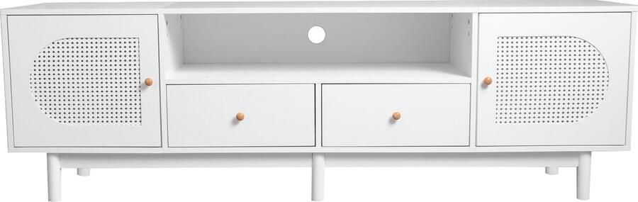 Merax TV-meubel van 180 cm Wit Rattan Geschikt voor 80 inch TV-kast met Kabelbeheer 2 Deuren en 2 Lades Lowboard voor Woonkamer