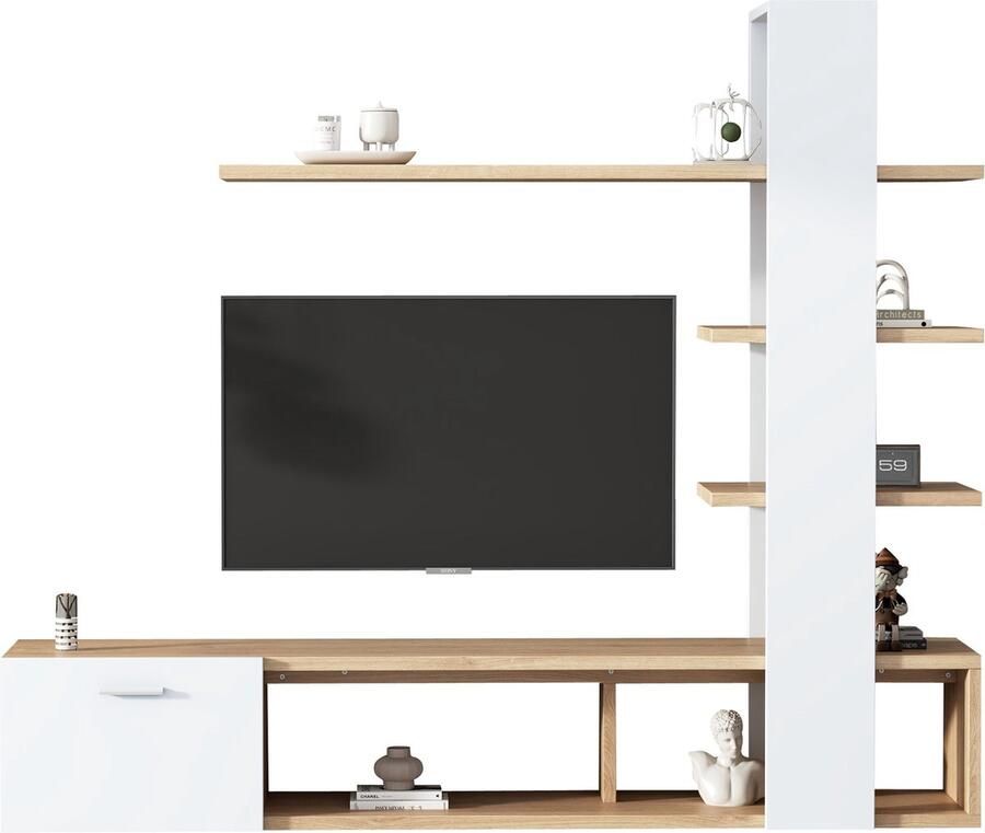 Merax Home Wohnzimmer-Wandschrank Wohnzimmermöbel-Set 180 x 33 5 x 151 5 cm geeignet für Fernseher unter 60 Zoll modernes Eichenweiß TV-Schrank Lowboard TV Wohnwand Set Wohnzimmer Möbel Set - Foto 2