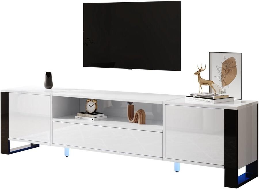 Merax TV-Meubel Wit Hoogglans – 178 cm – met LED-Verlichting – Opbergruimte – Push-to-Open Lades en Kastdeuren – Geschikt voor TV s tot 70 Inch