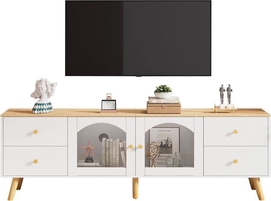 Merax TV Meubel Wit Houtdecor met Glazen Deuren en Opberglades – Modern TV Dressoir 160 cm voor Woonkamer of Hal