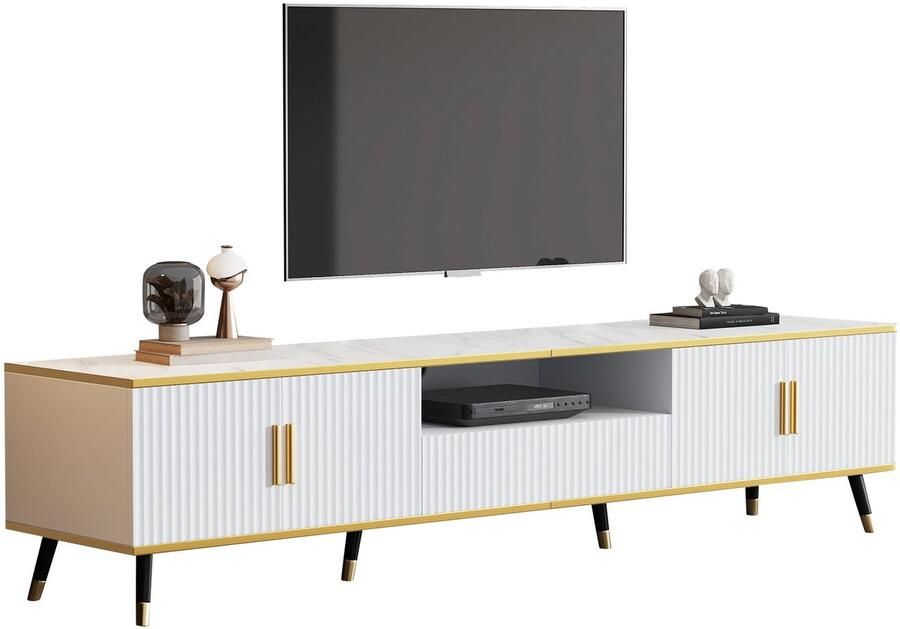 Merax Moderne Lowboard TV-Kast met Marmor-Optiek TV-Board TV-Kommode 200 x 40 x 46 cm – Geschikt voor TV s tot 90 Inch Drie Lades en Kabelbeheer