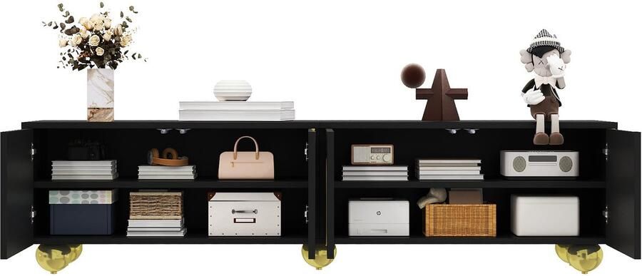 Merax tv-meubel zwart met gouden accenten – lowboard 170 cm – 4 deuren met push-to-open – opbergruimte met planken – modern design - Foto 2