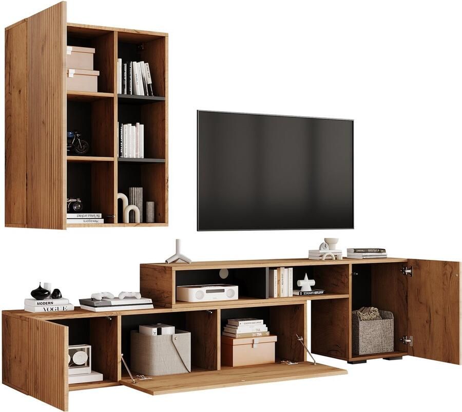 Merax TV-meubelset met Vitrine – Woonwand 2-delig TV-kast tot 265 cm Staand of Hangend Houtkleur & Zwart
