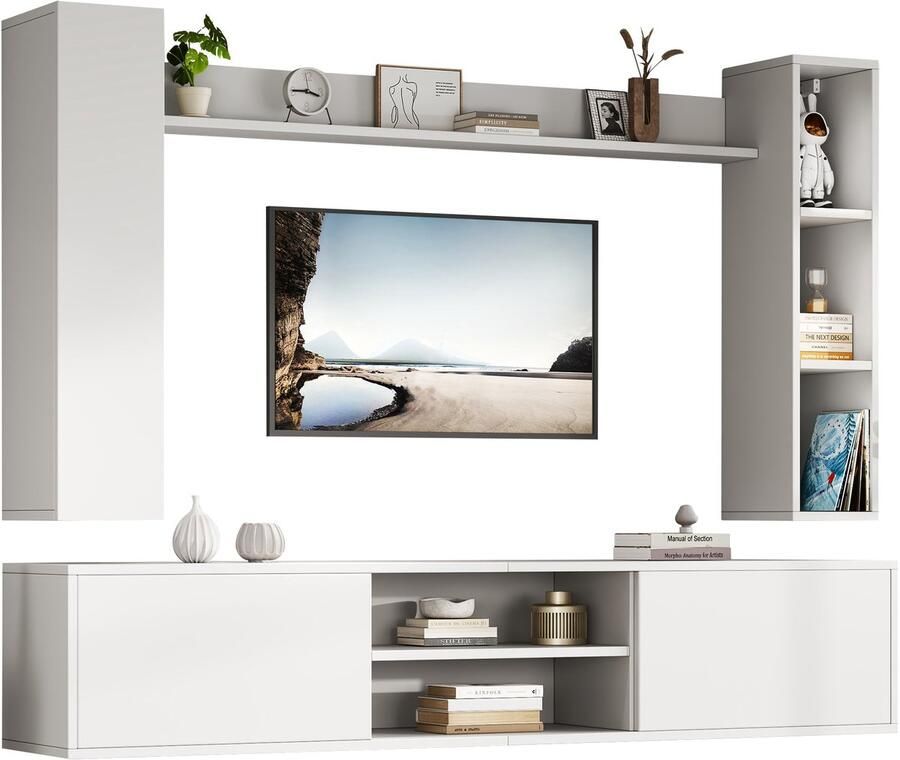 Merax TV-meubelset met Vitrinekast – Woonwand 4-delig TV-kast 180 cm Wandkast en Wandplanken TV-meubel voor TV tot 80 inch Wit