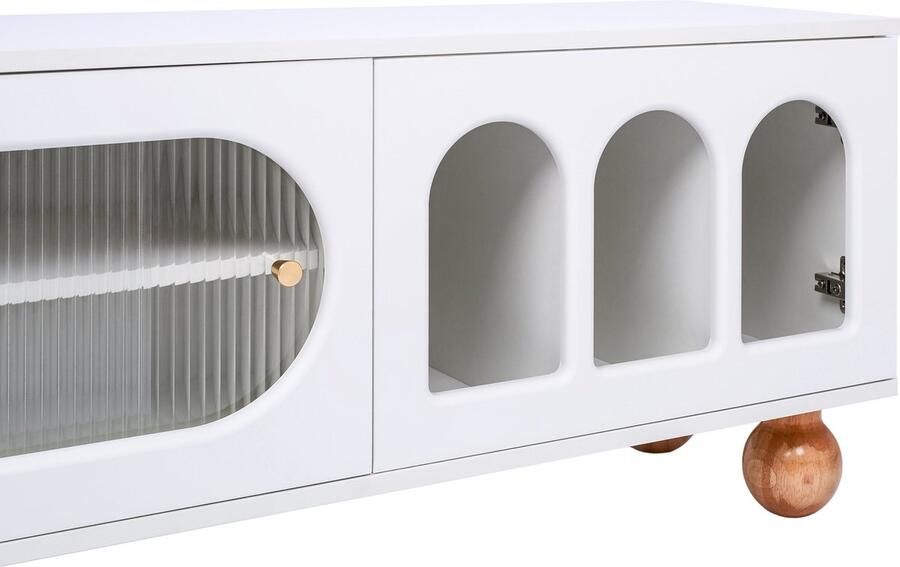 Merax TV-Möbel mit Rattan-ähnlicher Tür Glasschiebetür drei offenen Bogenbereichen lowboard mit goldenen Griffen und massiven Holzfüßen