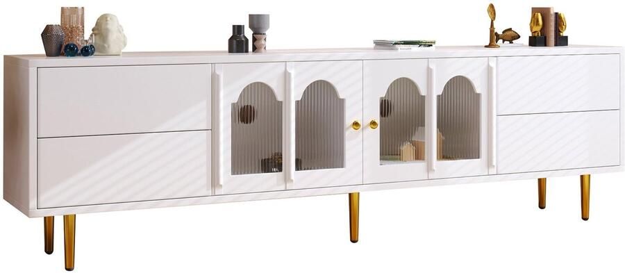 Merax TV-meubel met Schuifladen – 170 cm Breed Witte Afwerking Gewelfde Glazen Deuren en Goudkleurige Accenten