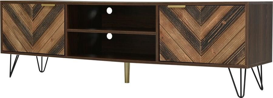 Merax TV-Schrank mit zwei Türen aus Massivholzfurnier. TV-Schrank mit zwei Fächern niedriges Paneel TV-Schrank. Goldgriffe und Eisenfüße