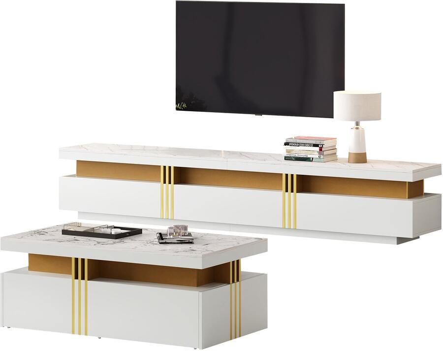Merax TV Meubel en Salontafel Set – Luxe Woonkamerset – Wit met Goud – Hoogglans Marmerlook – MDF – Inclusief Opberglades – Modern Design