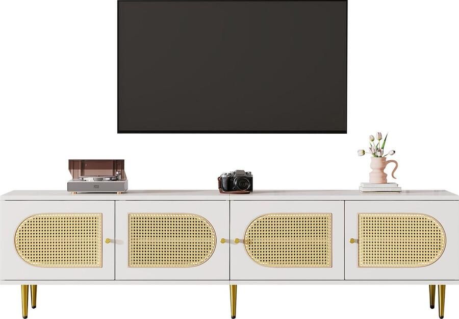 Merax Weißer Rattan-TV-Schrank 180x40x50 cm 4 Rattan-Türen verstellbare Einlegeböden und Kabelmanagement für Fernseher bis 80 Zoll TV-Schrank Lowboards