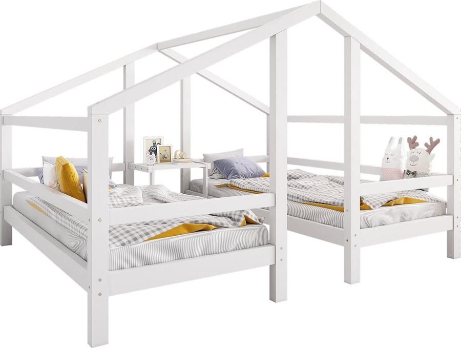 Merax Twee Eenpersoonsbedden Onder 1 Dak 90x200 cm Huisbed Kinderbed met Nachtkastje Wit