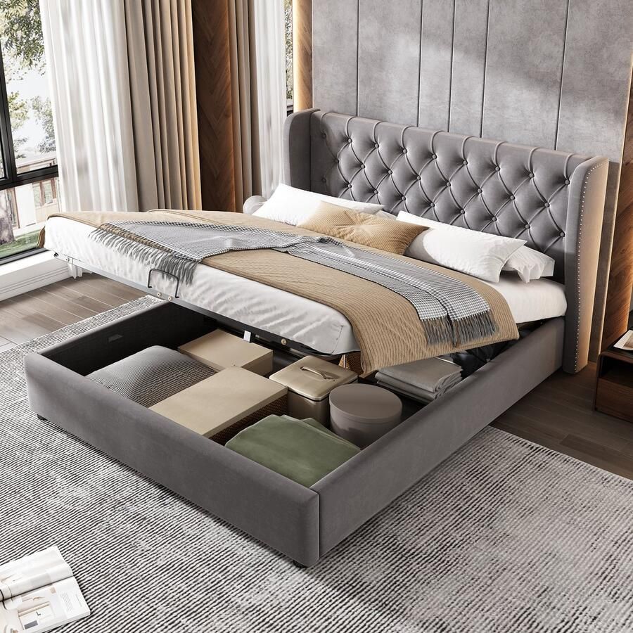 Merax Gestoffeerd Bed in Oorvorm Velours Tweepersoonsbed 140 x 190 cm Hydraulisch Opbergbed met Lattenbodem en Opbergruimte Grijs