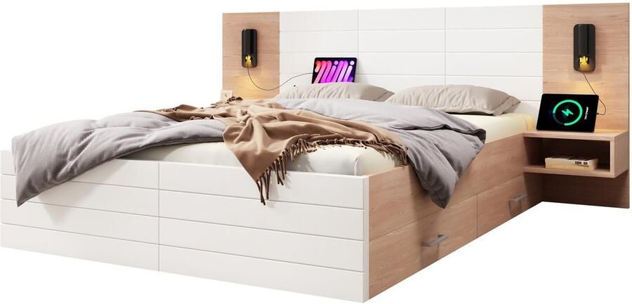 Merax Tweepersoonsbed 140x200 cm Inclusief 2 Nachtkastjes en 2 Lades – Bedframe met Lattenbodem Bed met USB Aansluiting en Leeslamp – Eiken Bruin met Wit – Zonder Matras - Foto 2