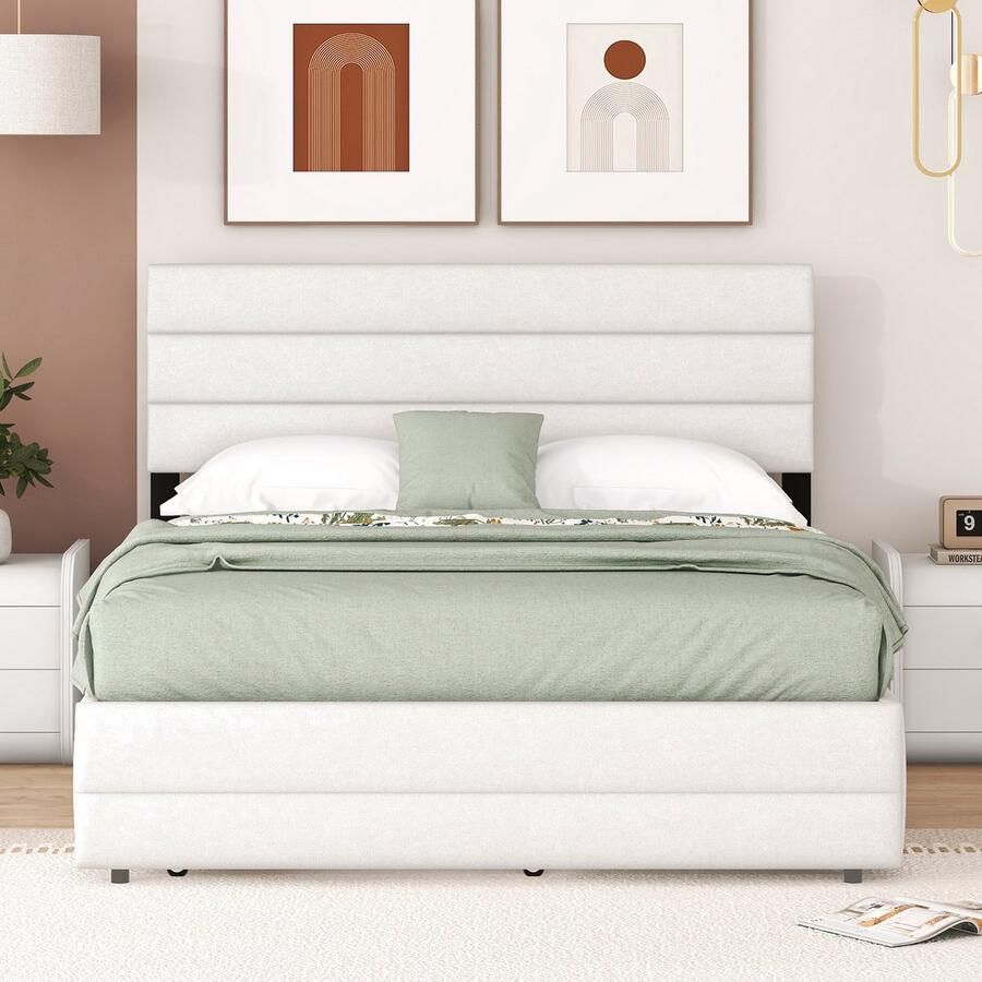 Merax Tweepersoonsbed 140 x 200 cm met lades verstelbare bedhoofdbord beige zonder matras