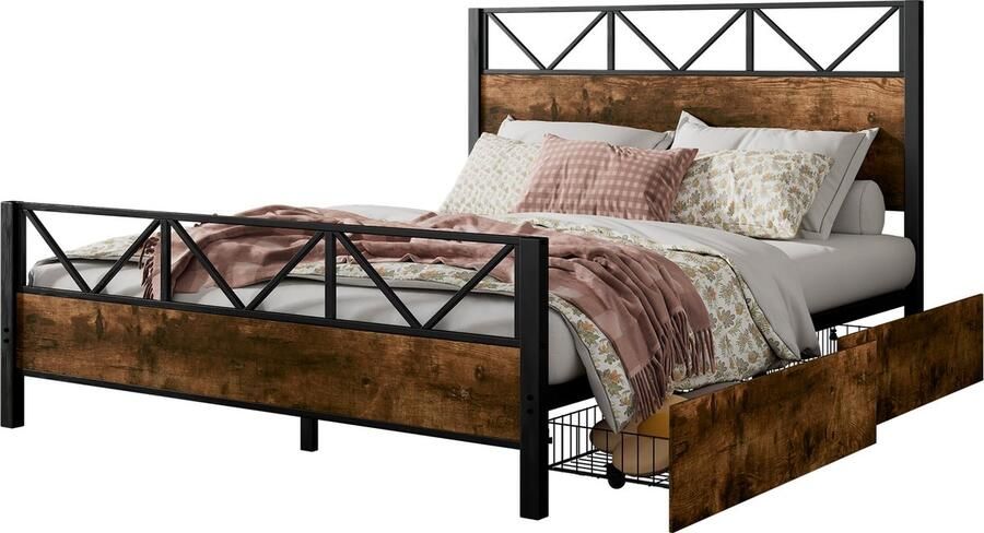 Merax Tweepersoonsbed 140 x 200 cm – Metalen Bedframe met Vintage Houten Afwerking en Twee Opberglades op Wielen in Zwart en Walnoot