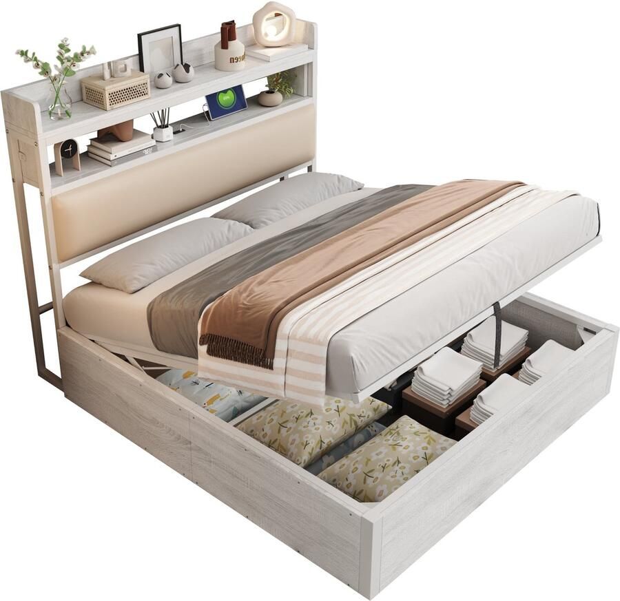 Merax Tweepersoonsbed 140×200 cm – Bedframe met Hydraulische Opbergruimte – Gestoffeerd Hoofdbord met USB – Vintage Hout en Metaal – Wit – Zonder Matras