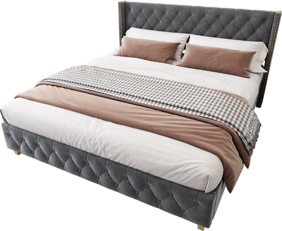 Merax Queensize Tweepersoonsbed met Knopen Decoratie Luxe Velvet Gestoffeerd Bed met Houten Poten Grijs