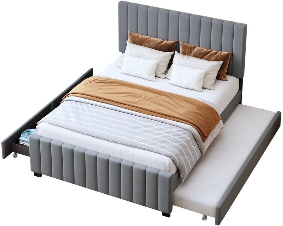 Merax Tweepersoonsbed 140x190 cm met Uitschuifbaar Bed 90x190 2 Lades Kinderbed Jongerenbed Gastenbed Fluweel Grijs