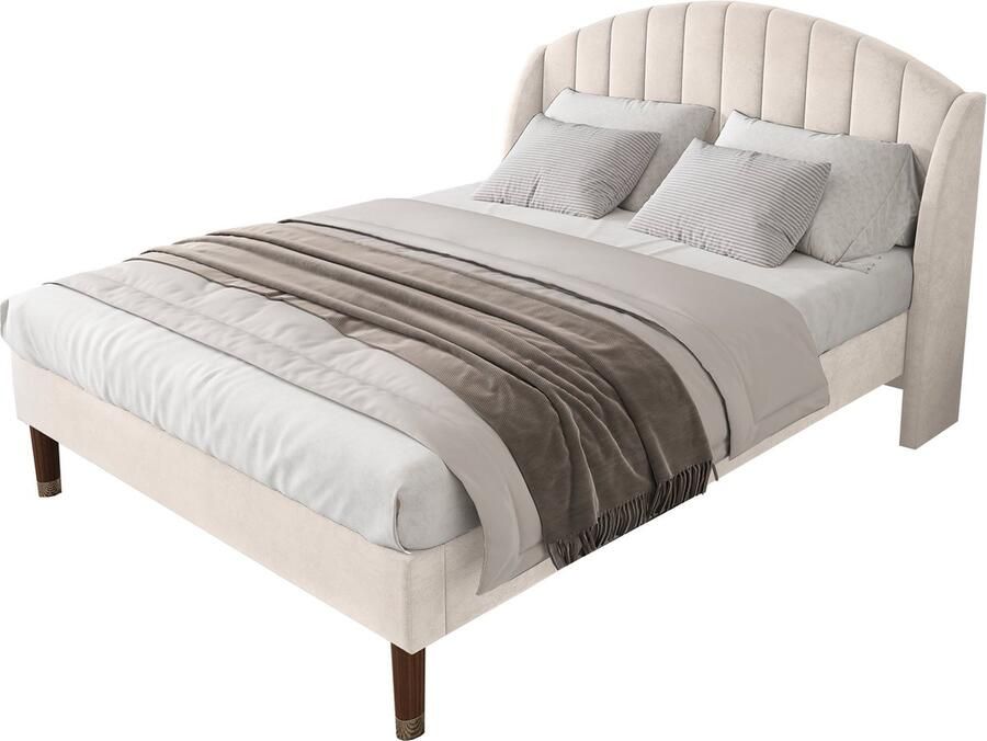 Merax Lit rembourré 140*190 avec sommier à lattes et tête de lit jeune lit simple support lattes bois montage facile velours beige