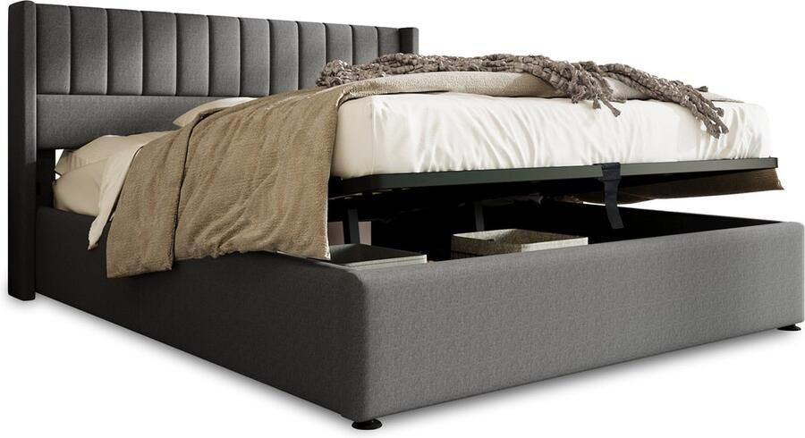 Merax Tweepersoonsbed 140x200 cm Bed met Hydraulische Opbergruimte Gestoffeerd Bedframe met Houten Lattenbodem Grijs