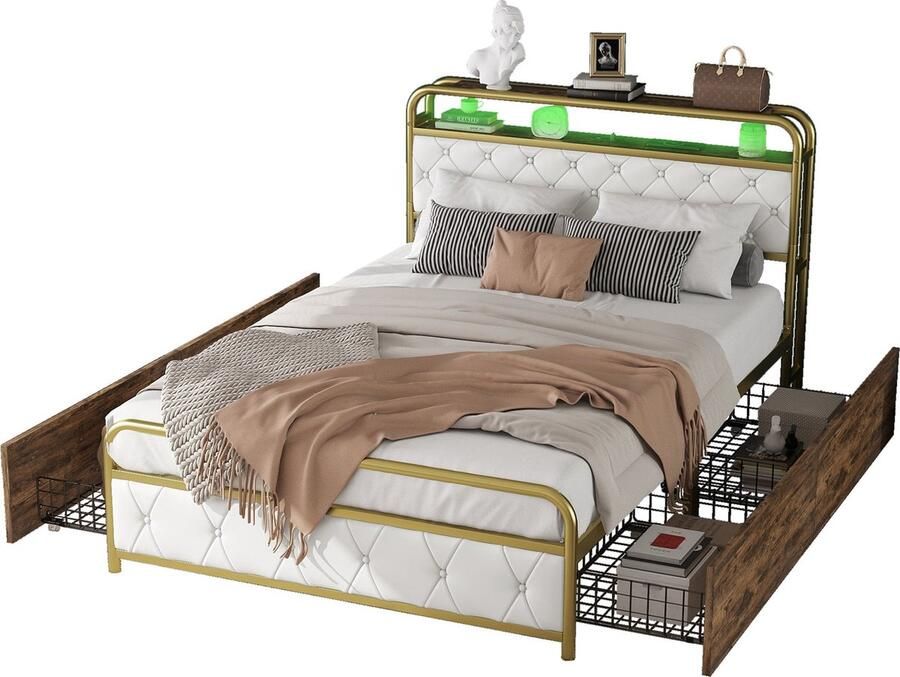 Merax Tweepersoonsbed 140x200 cm – Bed met LED-Verlichting USB-Aansluiting en 4 Opberglades – Metaal en MDF – Wit met Bruin en Goud