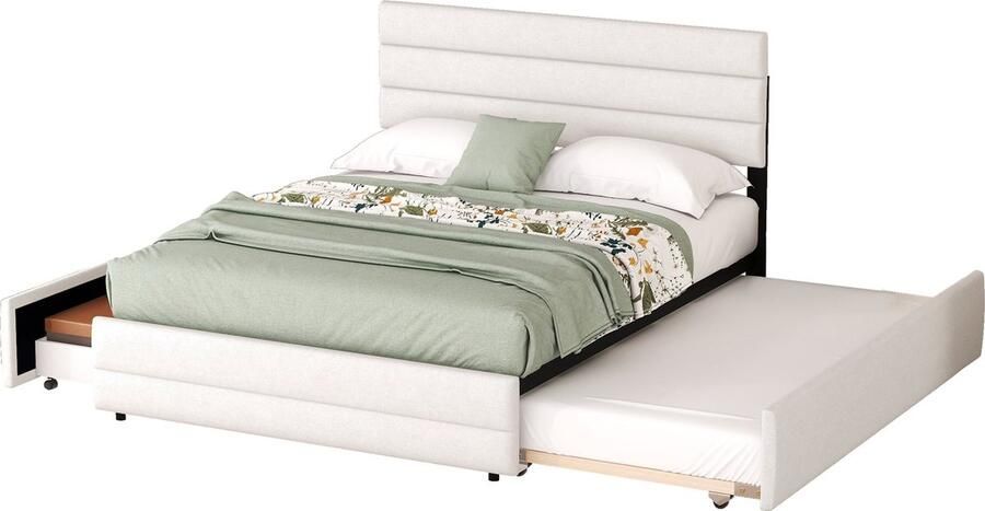 Merax Tweepersoonsbed 140x200 cm – Bed met Opberglades en Uittrekbaar Logeerbed – Verstelbaar Hoofdbord – Linnen Bekleding – Beige