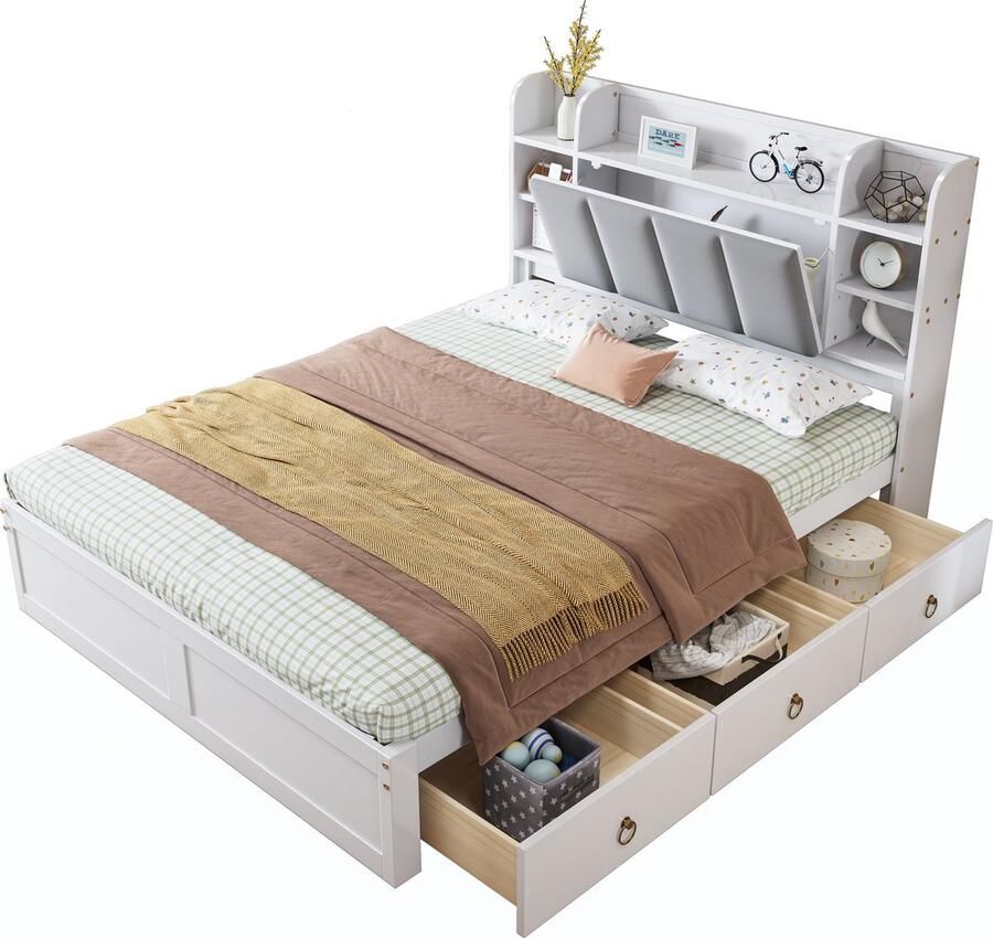 Merax Tweepersoonsbed 140x200 cm – Bed met Opbergruimte en 3 Lades op Wielen – Hoofdbord met Open Vakken en Klapdeur – Wit met Grijs