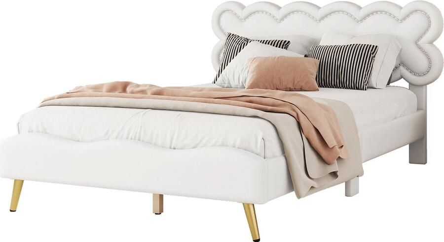 Merax Tweepersoonsbed 140x200 cm – Bedframe met Lattenbodem – Wit Kunstleer – Modern Design met Wolken Hoofdbord