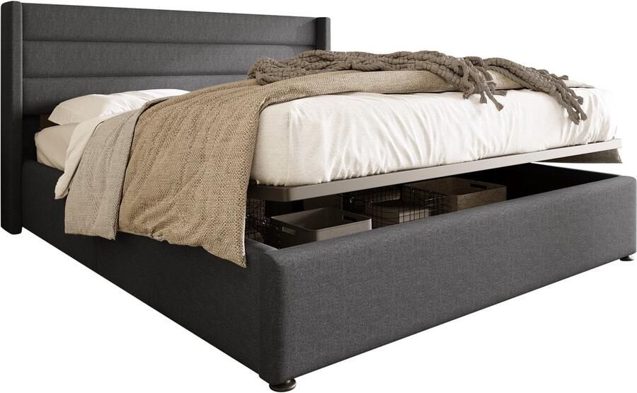 Merax Tweepersoonsbed 140x200 cm Gestoffeerd Bed met Hydraulisch Opbergruimte Grijs Linnen